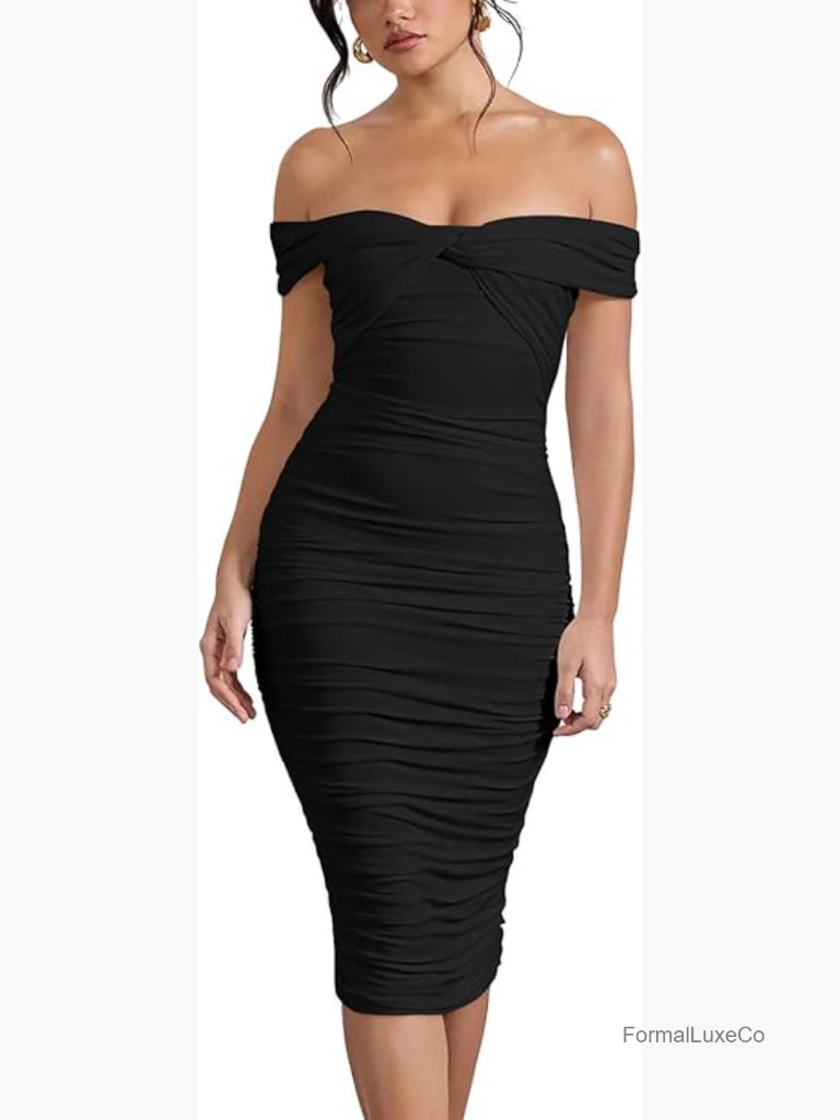 Off Shoulder Twist Wrap Ruched Bodycon Midi Dress Party Club Night Out
